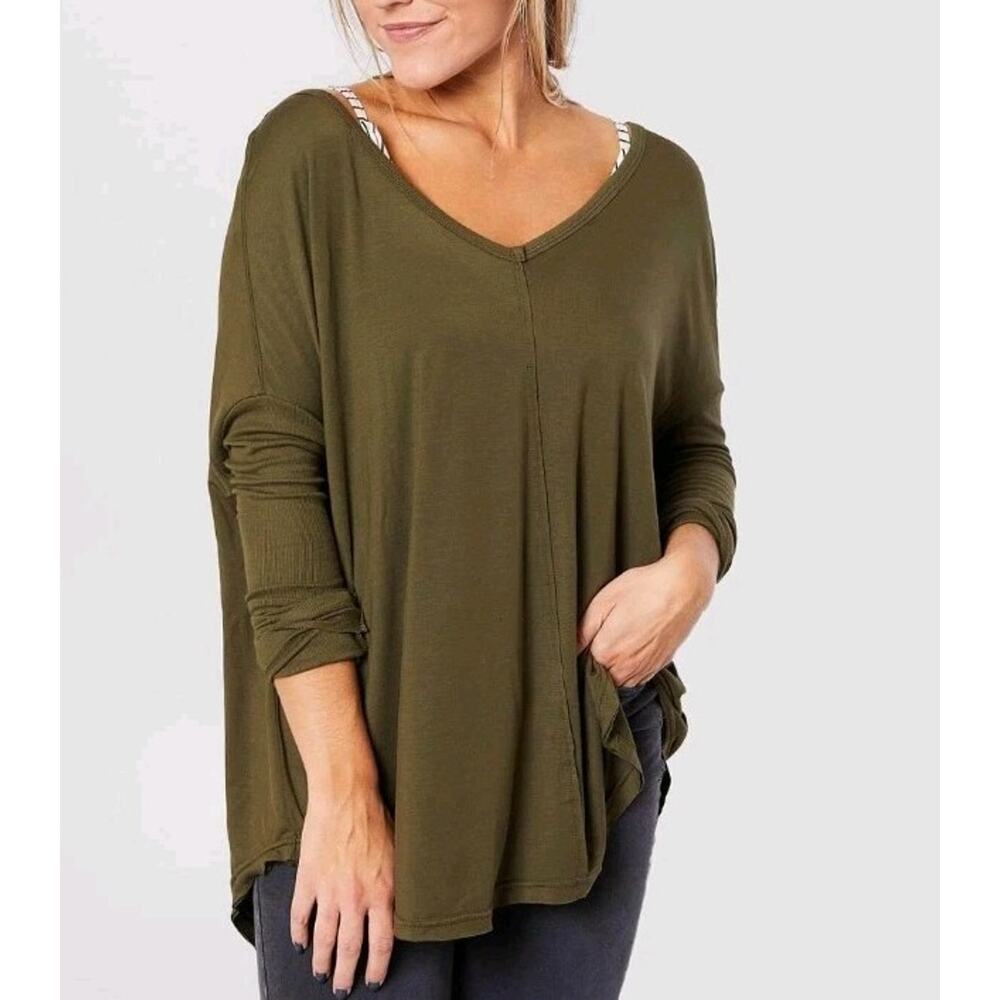 Free People Womens Oversized XS Top Tunic Olive GREEN Stretch Off Shoulder